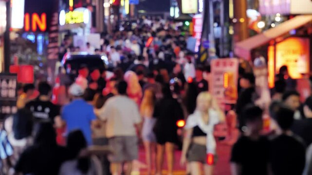 Blurred view of Seoul nightlife district, young people walking along busy pedestrian street filled with bars and dance clubs. Crowd shown defocused to preserve anonymity