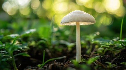 Fototapeta premium A fresh, small, and delicate common mushroom with a smooth white cap and slender stem.