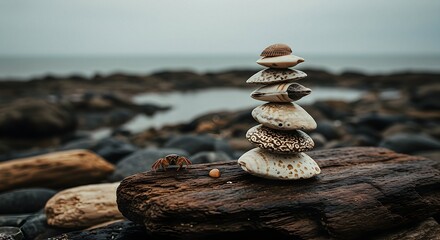 Balancing Seashells on Wood with Crab Near Ocean Shore