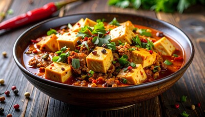 Savory tofu cubes in spicy stew