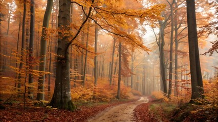 Autumn forest with a dense, golden-hued landscape, capturing the vibrant fall colors and tranquil atmosphere, perfect for nature photography, seasonal art, and outdoor visuals
