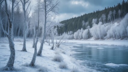 Cold winter scene with birch and spruce trees coated in hoarfrost along the frozen river edge
