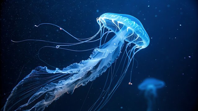 Bioluminescent jellyfish glowing against a dark background, creating a mesmerizing and ethereal oceanic scene, perfect for marine life art, underwater themes, and nature photography - Powered by Adobe