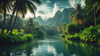 Lush tropical river with palm forest in the rainforest