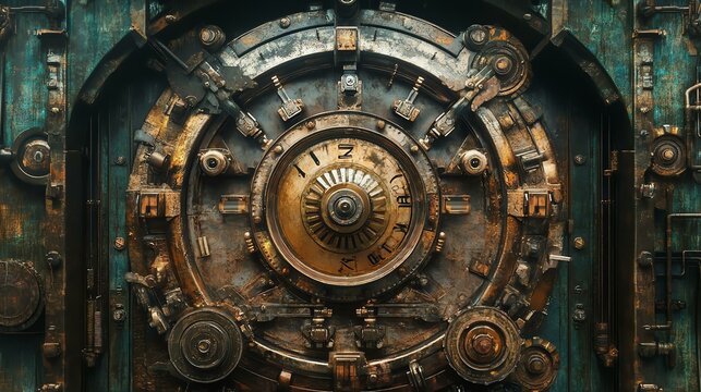 Industrial vault door with intricate details.