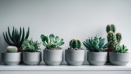 Succulent and cactus plants in concrete containers placed on a bedside table