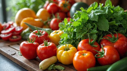 Fresh raw vegetables and fruits.