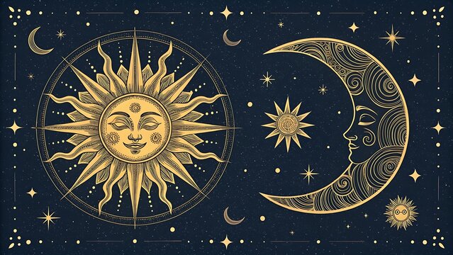 Celestial sun and moon illustration in gold, combining cosmic elements and celestial symbolism, perfect for astrology, spiritual designs, and mystical artwork