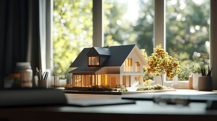 A detailed house model placed centrally on a modern desk, framed by a clean workspace and soft, natural light from nearby windows 