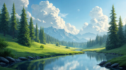 landscape trees, clouds and a pond