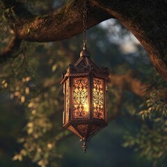 Intricate Lantern with Warm Light Hanging from a Tree
