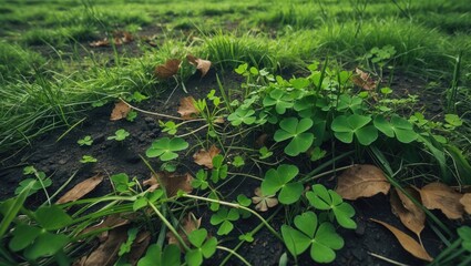 Texture of fresh green clover grass intermingled with dry leaves