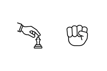 Conceptual black and white illustration of chess piece and fist sign symbolizing strategy and power