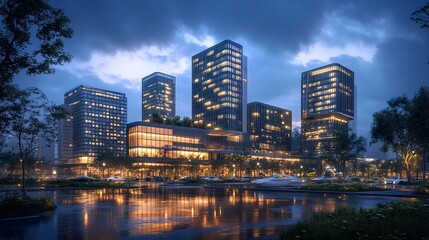 A dynamic evening scene of a modern office complex, the buildings' illuminated windows and sleek designs standing out against the dusk sky