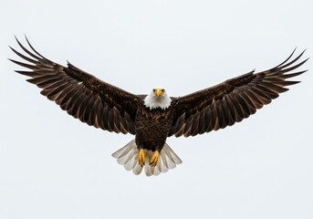 Obraz premium Bald eagle soars with wings fully extended against a bright white background in a majestic display