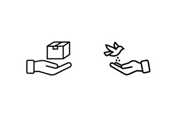 Vector illustration of open hand presenting a box and feeding a dove symbolizing giving and care