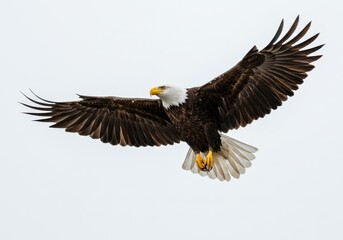 Fototapeta premium Bald eagle soars gracefully through the air against a bright, overcast sky with wings spread wide