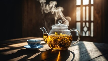 Teapot containing chamomile tea