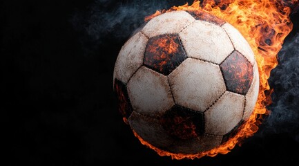 Fototapeta premium Fiery soccer ball engulfed in flames against dark backdrop.