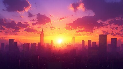 Naklejka premium A dynamic urban scene with tall buildings silhouetted by the setting sun, the sky painted with deep oranges and purples in a breathtaking display 