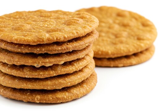 Stack of crispy golden brown mathri snacks, a popular indian savory biscuit, on a white surface