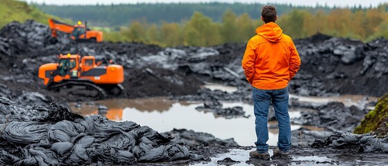Worker observes muddy mining site