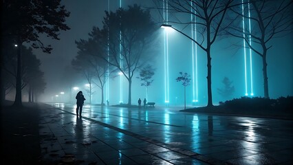 Dark atmosphere with ethereal blue light beams and misty surroundings, creating a mysterious and cinematic mood perfect for fantasy art, sci-fi scenes, and dramatic visual design