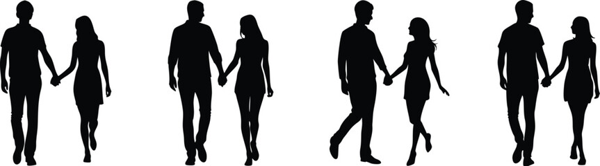 Couple Holding Hands Silhouette Clipart &ndash; Romantic Walking Lovers Vector Illustration &ndash; Black Love PNG Design