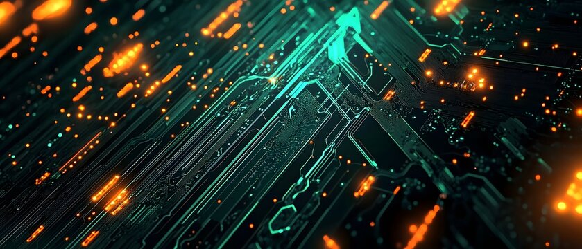 Cybernetic Circuitry: A close-up view reveals a vibrant, abstract pattern of intricate circuit board pathways illuminated by glowing particles, capturing the essence of technological advancement. 