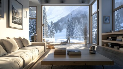 Cozy Mountain Retreat: Modern Living Room with Panoramic Window Overlooking Snowy Winter Landscape.

