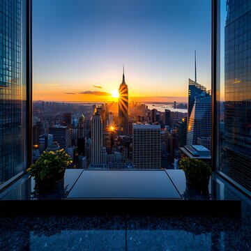Fototapeta City skyline sunrise seen through large windows