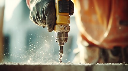 Close-up of a worker using a drill on concrete