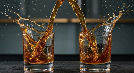 Two glasses with liquid splashing creating a symmetrical effect on a dark surface.