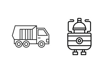 Vector illustration depicting a truck and industrial tank icons in simple outline style on white background