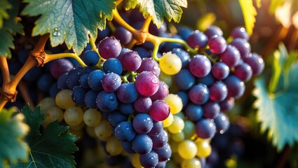 Close-up shot of ripe grapes hanging from a grapevine in a lush vineyard scene