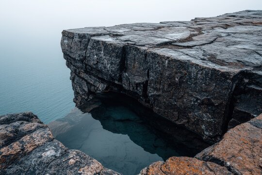 Dramatic rocky cliff edge meets the tranquil blue ocean.