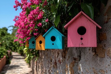 Colorful birdhouses adorn a weathered stone wall with flowers.