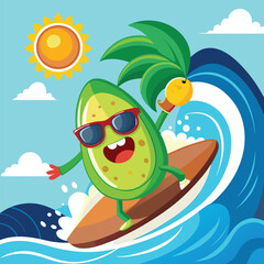 Obraz premium Funny Avocado Character Surfing on Wave, Cartoon Summer Fruit with Sunglasses Riding Surfboard in Ocean Vector Illustration 