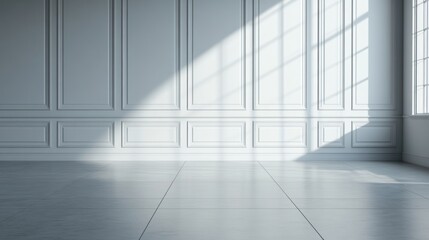 Fototapeta premium Sunlit room with white paneled walls and gray tile floor