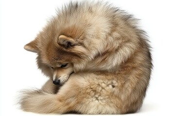 Obraz premium Isolated Pomeranian curled up on white background studio shot cute dog canine sleeping resting fluffy fur pet animal