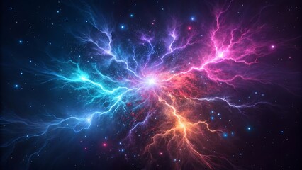 Exploding particles in a cosmic color scheme, creating a dynamic and vibrant visual effect, perfect for space-themed art, digital effects, and abstract cosmic designs
