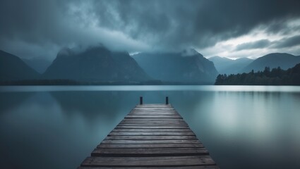 Still water at dawn with a pier extending over a scenic lake in New Zealand