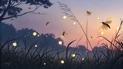 Fireflies in warm twilight, creating a magical and abstract atmosphere, perfect for nature-inspired art, evening landscapes, and whimsical digital designs
