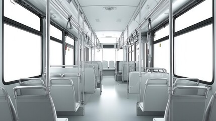 Obraz premium Interior view of an empty public transit bus with rows of seats