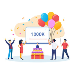 Celebration concept showing one million subscribers achievement with cake and balloons