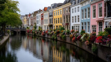 Fototapeta premium Admire Charming Waterfront Skyline with a Line of Pastel-Painted Houses Reflecting in Serene Canal Waterscape