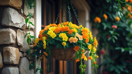 Colorful hanging basket of begonias outdoors