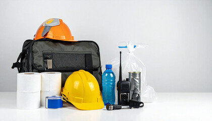 Fototapeta premium 防災バック、水の入ったペットボトル、ヘルメット、缶詰、トイレットペーパー、懐中電灯、防災ラジオ、簡易トイレ、透明なごみ袋、防災用品一式。A disaster prevention bag, a plastic bottle of water, a helmet, canned food, toilet paper, a flashlight, a disaster prevention radio