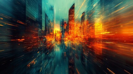 A futuristic urban skyline reflected in the sleek glass facade of a skyscraper, enhanced by soft bokeh and motion blur, symbolizing modern corporate architecture 