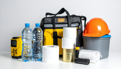 防災バック、水の入ったペットボトル、ヘルメット、缶詰、トイレットペーパー、懐中電灯、防災ラジオ、簡易トイレ、透明なごみ袋、防災用品一式。A disaster prevention bag, a plastic bottle of water, a helmet, canned food, toilet paper, a flashlight, a disaster prevention radio